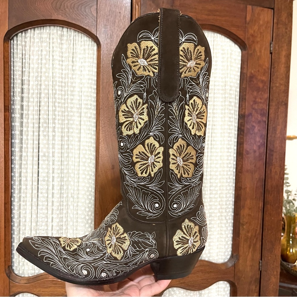 ✨Old Gringo Brown Leather Embroider Tan Butter Yellow Floral Heel Boot 6.5 Rodeo - Picture 13 of 16